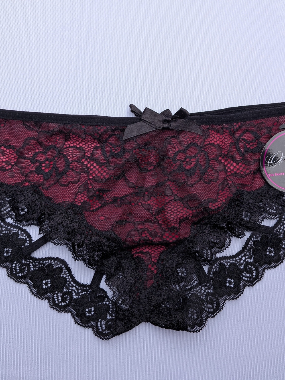 Women's Black Lace Cheeky Panty with Burgundy Lining